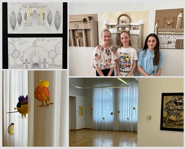 Impressionen der Ausstellung und Schülerinnen der 5B vor Kunstwerken ihrer Klasse. Foto: HZG